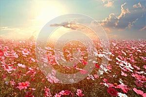 Beautiful pink and red cosmos flower field with sunshine photo