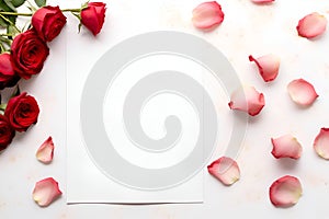 Beautiful pink red rose and petals stalk scattered isolated with note card on white background.