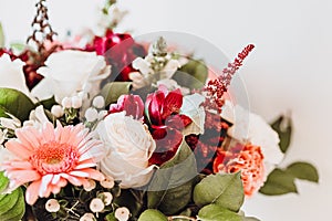 Beautiful Pink, Red and White Rustic Colorful Mixed Flower Bouquet, Still Life Composition