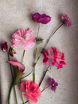 Beautiful pink rose, cosmos, poppy, sweet pea, cornflower flat lay on stone background. Stylish flowers still life in home,