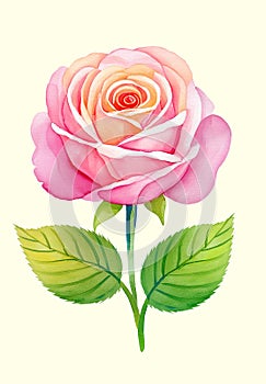 Beautiful pink rose with green leaves, AI generated