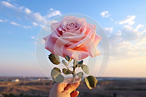 Beautiful pink rose in hand on a background of blue sky scence, ai generated