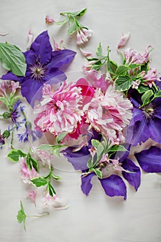 Beautiful pink, rose peonies and violett purple clematis flowers on white wood plate