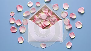 Beautiful pink rose petals in an envelope on blue background, congratulations and anniversary concept, Valentine s day background