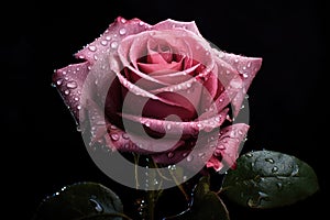 Beautiful pink rose with water drops on black background, closeup, a pink rose with drops of water on it's petals and a dark