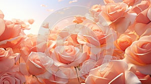Beautiful pink roses on the background of blue sky. Soft focus. Peach Fuzz color
