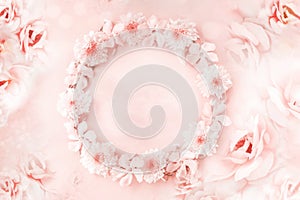beautiful pink roses flower border background with copy space, invitation for wedding card