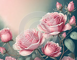 Beautiful pink roses flower border on soft background