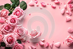 Beautiful pink roses flower border on soft background for valentine