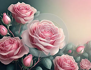 Beautiful pink roses flower border on soft background for valentine or wedding