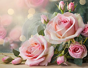 Beautiful pink roses flower border on soft background for valentine or wedding card in pastel tone ,copy space for text