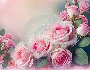 Beautiful pink roses flower border on soft background for valentine or wedding card in pastel tone ,copy space for text