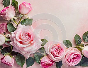 Beautiful pink roses flower border on soft background for valentine or wedding card in pastel tone ,copy space for text