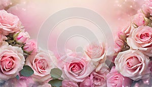 Beautiful pink roses flower border on soft background for valentine or wedding card in pastel tone ,copy space for text