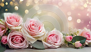 Beautiful pink roses flower border on soft background for valentine or wedding card in pastel tone ,copy space for text