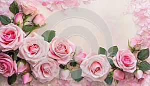 Beautiful pink roses flower border on soft background for valentine or wedding card in pastel tone ,copy space for text