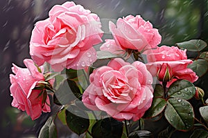 Beautiful pink roses with raindrops on the background of green leaves, Digital oil painting of beautiful pink roses, AI Generated