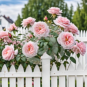 Beautiful pink roses on white picket fence in summer garden
