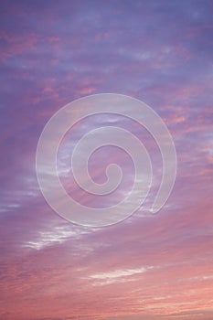 Beautiful pink sky background. Soft clouds at sunset. Many blue, magenta and orange tones and patterns of clouds