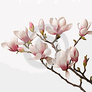 Beautiful pink spring magnolia flowers on tree branch isolated on white. Vector illustration.