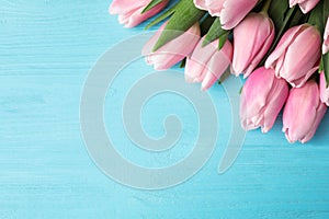 Beautiful pink spring tulips on light blue wooden background, flat lay. Space for text photo