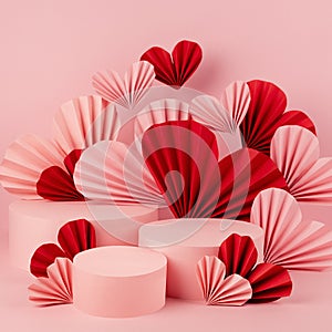 Beautiful pink Valentines day scene mockup with three round podiums, flying ribbed red, pink paper hearts, closeup, square.