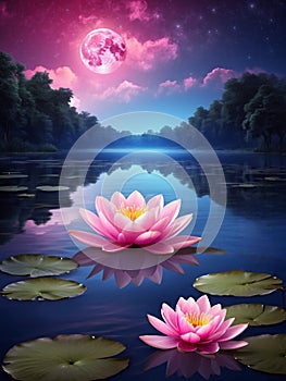 Beautiful pink water lily blossom at night under full moon