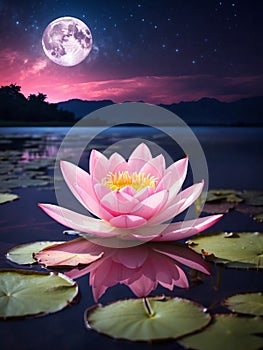 Beautiful pink water lily blossom at night under full moon