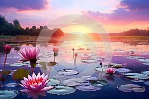 Beautiful pink water lily or lotus flower blooming on the lake at sunset. Generative AI