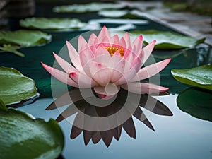 Beautiful pink water lily on the water surface with green leaves