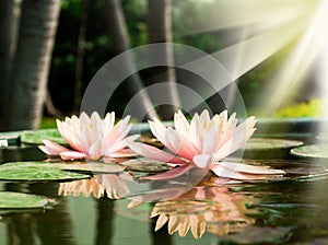 A beautiful pink waterlily or lotus flower in pond