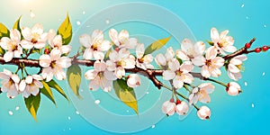 Beautiful pink white cherry blossom branch on blue sky background
