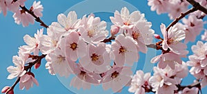 Beautiful pink white cherry blossom branch on blue sky background
