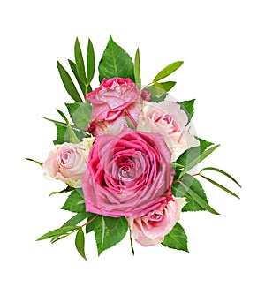 Beautiful pink and white rose flowers with eucalyptus leaves in a floral arrangement