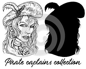 Beautiful pirate captain woman and sillhouette isolated on white.