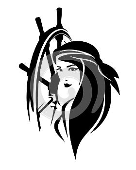 Pirate woman and ship helm black vector portrait