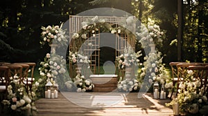 Beautiful place made with wooden square and floral decorations for outside wedding ceremony in wood