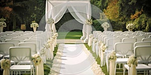 Beautiful place for outside wedding ceremony in city park. Many white wooden chairs decorated with bouquets and wedding arch