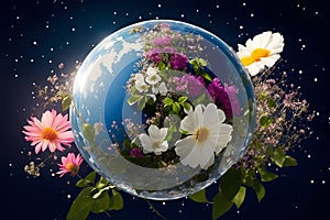 The beautiful planet Earth in outer space is covered with colorful flowers. The concept of global ecology and environmental