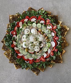 Beautiful plate display of homemade Labane cheese balls with Olive oil, za`atar pita bread toast and fresh vegetabl