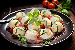 A beautiful plate of mozzarella cheese paired with ripe tomatoes and fresh basil, creating a mouthwatering Italian starter.,