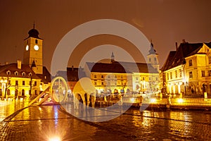 The beautiful plaza of Sibiu city on a cold winter night.