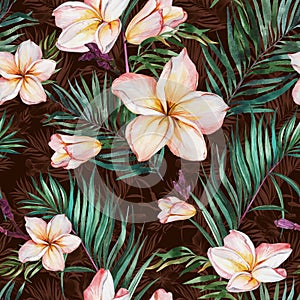 Beautiful plumeria flowers and exotic palm leaves in seamless tropical pattern. Watercolor painting.