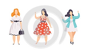 Beautiful Plump Women Set, Plus Size Overweight Girls in Stylish Clothes, Body Positive Concept Flat Vector Illustration