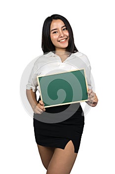 Beautiful plus size Asian woman holding a blank green chalkboard