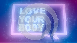 Beautiful plus size backlight woman and neon shine speech bubble. Body positive concept. Attractive overweight girl. For