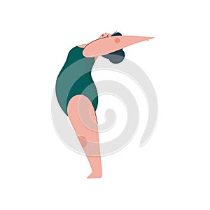 Beautiful Plus Size Curvy Woman in Tadasana Position, Plump Girl in Swimsuit Practicing Yoga, Sport and Healthy