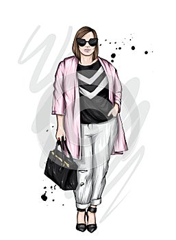 Beautiful plus size girl in stylish clothes. Woman in shirt, trousers and shoes. Fashionable accessories.