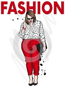 Beautiful plus size girl in stylish clothes. Woman in shirt, trousers and shoes. Fashionable accessories. Vector illustration.