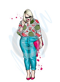 Beautiful plus size girl in stylish clothes. Woman in shirt, trousers and shoes. Fashionable accessories. Vector illustration.